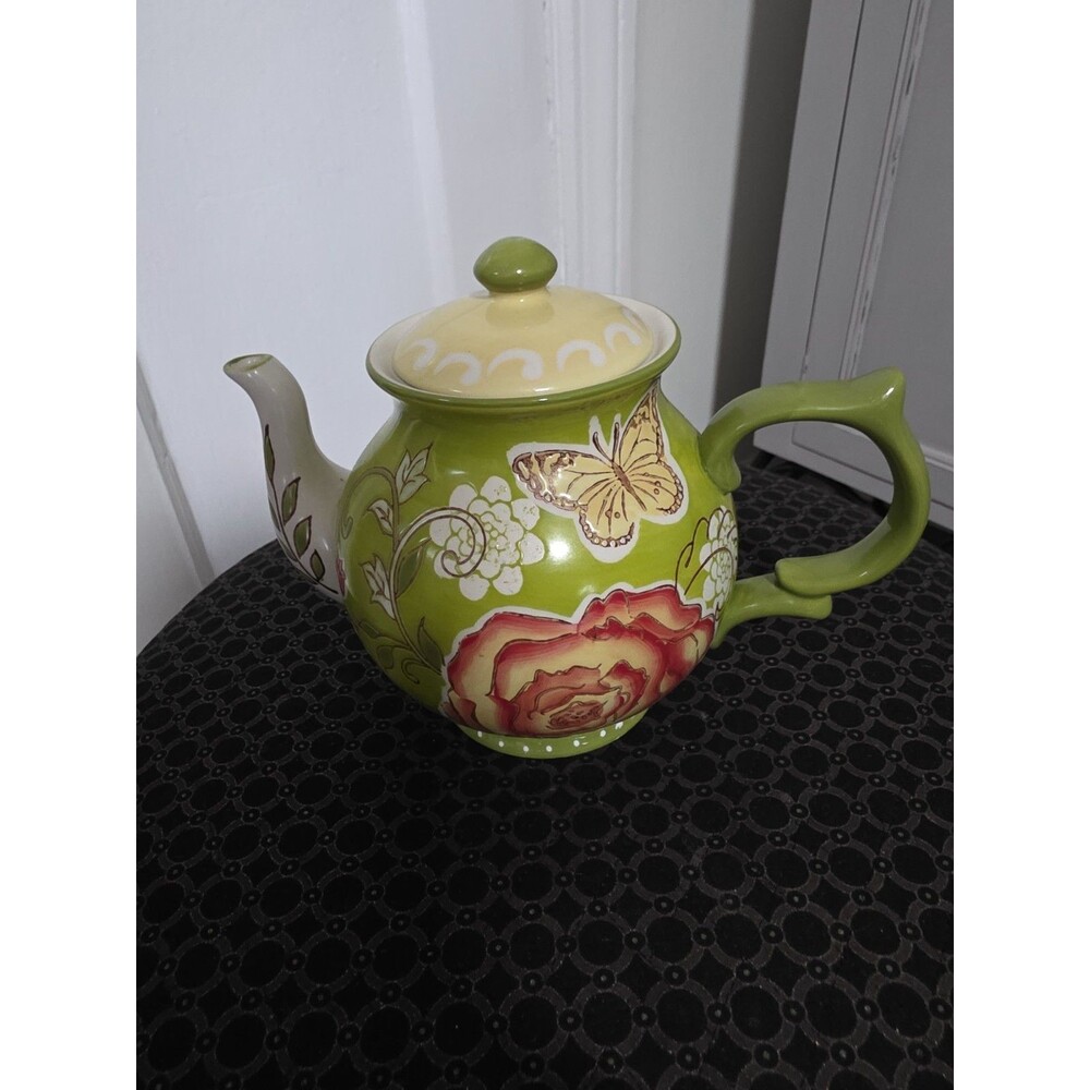 Beautiful ASHLAND Signature Accents Floral Teapot Green w/Rose & Butterfly EUC